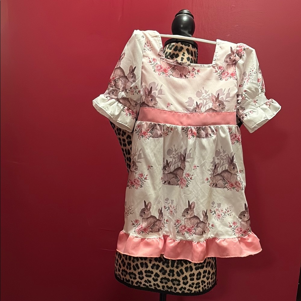 Source Unknown White and Pink Babydoll Dress with Puff Sleeves